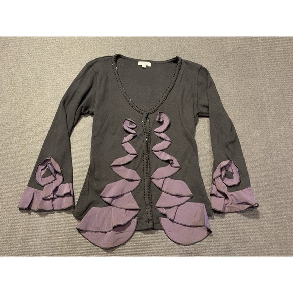 Cordelia Ruffle V Neck Snap Button Sweater Black Size Small Black And Purple - Picture 1 of 5